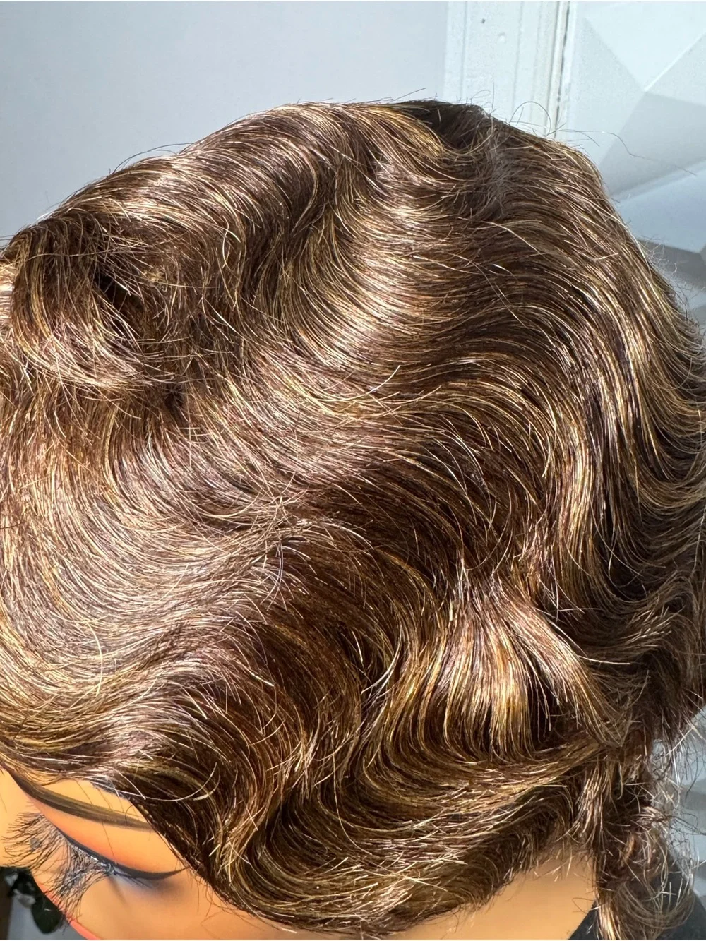 100% Human Hair Pixie Cut Wig Glueless Finger Wave Style Brown Highlight 4/27 Sh